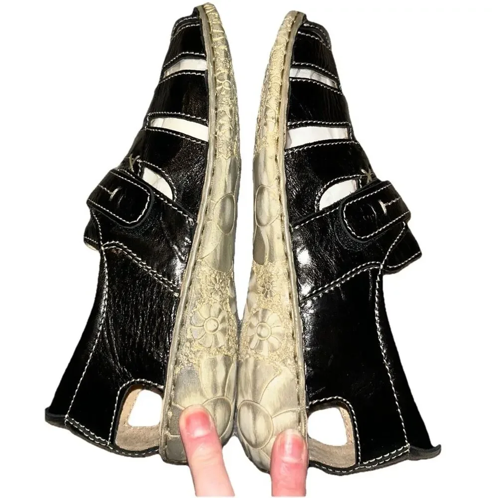 Josef Seibel Ida Black Sandals Loafers‎ Womens Sz US 6.5 EU 37 Leather Fisherman